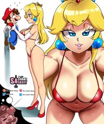 1boy 1girls big_breasts bikini blonde_hair blue_eyes breasts cleavage clothed clothing female female_focus flying_sweatdrops height_difference high_heels long_hair looking_at_another looking_at_viewer male mario mario_(series) multiple_views princess_peach red_bikini sasatseng seductive simple_background smaller_male smile sweat sweatdrop swimsuit thighs thought_bubble white_background