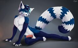 absurd_res ailurid anthro blue_body blue_eyes blue_fur capseys fur genitals hi_res humanoid_genitalia lying male mammal on_side penis pinup pose presenting red_panda simple_background solo solo_focus white_body white_fur