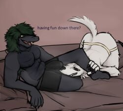 anthro armpit_hair ass_up bed body_hair boxer_briefs boxer_briefs_only bulge canid canine canis claws clothed clothing crotch_sniffing dark_body dark_scales dialogue digital_media_(artwork) domestic_dog duo english_text fur furniture green_eyes green_hair grin hair head_in_crotch jockstrap jockstrap_only leg_grab leg_wrap lying male male/male mammal musk musk_clouds musk_fetish nipples on_bed open_mouth reptile scales scalie shaded smile sniffing tail talking_to_another talking_to_partner teeth text topless underwear underwear_only venerabilitor white_body white_fur