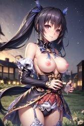 ai_generated big_breasts black_hair blue_ribbon city female grass hi_res katakage neptunia_(series) night nipples noire panties red_eyes stable_diffusion standing thighhighs