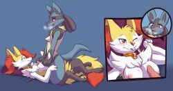 2019 animal_penis anthro areola blue_background blue_body blue_eyes blue_fur blush bodily_fluids braixen breast_grab breast_play breasts canid canine close-up cum cum_on_breasts cum_on_face cum_on_tongue cumshot cutaway duo ejaculation erection female fiona_elrond fizzy-dog fizzy_dog fizzydog_(artist) fox fur generation_4_pokemon generation_6_pokemon genital_fluids genitals hand_on_breast happy hi_res interspecies jewelry kneeling leg_grab looking_up lucario lying male male/female mammal necklace nintendo nipples nude on_back one_eye_closed orange_body orange_fur paizuri penis pillow pink_areola pink_nipples pokemon pokemon_(species) red_eyes riky_elrond romantic romantic_couple sex simple_background smile tan_body tan_fur thigh_grab titjob tongue tongue_out white_body white_fur yellow_body yellow_fur