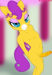 2014 anthro anthrofied artist_name balls bedroom_eyes blue_eyes dated equid equine fur genitals girly hasbro horse humanoid_genitalia humanoid_penis littlest_pet_shop mainnm-e male male_only mammal mane narrowed_eyes navel nipples penis purple_mane purple_tail seductive solo tail vein veiny_penis yellow_body yellow_fur