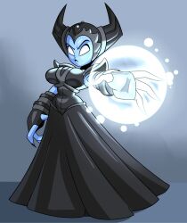 black_lipstick black_nails black_skirt blue_skin gauntlets helmet hex_(skylanders) horns huge_breasts magic shirt skylanders superspoe tagme white_eyes