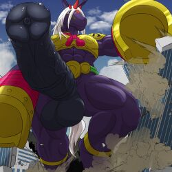 abs animal_genitalia animal_penis anthro armor balls bandai_namco biceps big_penis building building_destruction city city_destruction destroyed_building destruction digimon digimon_(species) equid equine equine_genitalia equine_penis erection genitals hair hi_res hooves horse huge_cock hyper hyper_genitalia hyper_penis indramon macro male mammal medial_ring mfive_(artist) muscular muscular_anthro muscular_male muscular_thighs penis purple_body solo tail urethra vein veiny_penis white_hair