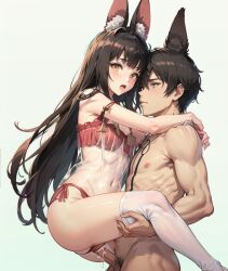 1boy ai_generated animal_ears azur_lane black_hair carrying cum cum_in_pussy cum_inside female fox_ears hime_cut nagato_(azur_lane) nagato_(great_fox's_sleepwear)_(azur_lane) negligee sex side-tie_panties underwear upright_straddle yellow_eyes