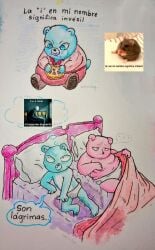 2023 anthro azulin_(unicorn_wars) bear bed bedwetting belly big_belly blue_body blue_eyes bodily_fluids bottomwear clothing dessert duo eating food furniture genital_fluids gordi_(unicorn_wars) mammal meme obese overweight pants peeing peeing_self pie pillow shirt sitting solo spanish_text tamagokematula text topwear underwear unicorn_wars urination urine wet_bed