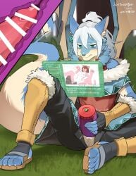 1boy 3k2xv absurd_res aden_rakuraku anthro aquamarine_eyes aquamarine_fur blush breasts canid canine canis censored censored_genitalia censored_penis censored_pussy clothed clothing cutaway domestic_dog dragon female_penetrated forest forest_background genitals hair hi_res hybrid internal looking_at_porn male male/female male_only male_penetrating male_penetrating_female mammal masturbation nature nature_background penetrable_sex_toy penetration penis plant ponytail pornography screen sex sex_toy sex_toy_insertion slit solo tail tail_motion tailwag thick_tail tree white_hair