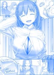 3girls ai-chan's_mother_(tawawa) ai-chan's_sister_(tawawa) ai-chan_(tawawa) arms_behind_head blue_theme bra braid breasts bursting_breasts button_gap buttons cleavage closed_eyes comic commentary_request couch embarrassed female female_only getsuyoubi_no_tawawa hair_over_shoulder himura_kiseki large_breasts long_hair long_sleeves magazine_(object) monochrome mother_and_daughter multiple_girls open_mouth popped_button scrunchie sewing short_hair siblings silent_comic sisters surprised sweat sweater underwear wardrobe_malfunction