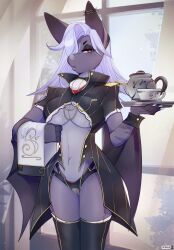 anthro bat bottomwear breasts butler clothed clothing container crotchless cup curtains digital_media_(artwork) ear_piercing female fur genitals hair hi_res mammal membrane_(anatomy) membranous_wings piercing purple_body purple_fur pussy red_eyes solo spirale suit tea_cup topwear window wings