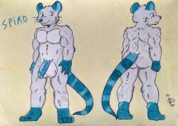 4_toes 5_fingers anthro ass athletic athletic_anthro athletic_male back_muscles balls big_balls dashthefox feet fingers fur genitals green_body green_fur grey_body grey_fur hi_res huge_balls long_tail male mammal markings model_sheet murid murine muscles muscular pecs penis rat rat_tail reference_image rodent simple_background solo striped_markings striped_tail stripes tail tail_markings teal_eyes teal_nose teeth toes traditional_media_(artwork) vein veiny_penis whiskers yellow_background