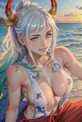 ai_generated almost_naked big_breasts female female_only full_lips green_eyes horm horns multicolored_eyes nearly_nude ocean one_piece smile tiaoppai two_tone_hair white_hair yamato_(one_piece)