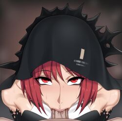 1boy 1girls blowjob fellatio female looking_at_another male mascara mole_under_eye nun nun's_habit nun_outfit oral penis punishing:_gray_raven red_eyes red_hair rikka robot_girl saliva short_hair sweat vera_(punishing:_gray_raven)