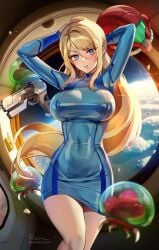 1girls adapted_costume blonde_hair breasts dress female foxy_rain_(foxyreine) foxyrain_(foxyreine) foxyreine hips huge_breasts light-skinned_female light_skin long_hair metroid metroid_(creature) nintendo samus_aran thick_thighs thighs wide_hips