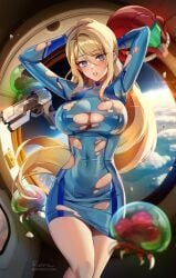 1girls adapted_costume blonde_hair breasts dress female foxy_rain_(foxyreine) foxyrain_(foxyreine) foxyreine hips huge_breasts light-skinned_female light_skin long_hair metroid metroid_(creature) nintendo samus_aran thick_thighs thighs torn_clothes wide_hips