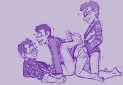 3boys akiva_schaffer anal_sex andy_samberg balls gay jorma_taccone littlestfuzz lucky_pierre male/male male_penetrated male_penetrating male_penetrating_male monochrome penis pubic_hair real_person sketch smile sweater the_lonely_island threesome trio yaoi