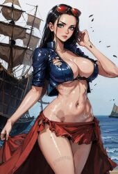 ai_generated black_hair eyewear_on_head female female_only grey_eyes jean_jacket nico_robin one_piece post-timeskip ripped_clothing skirt stomach sunglasses sunglasses_on_head thick_thighs tiaoppai