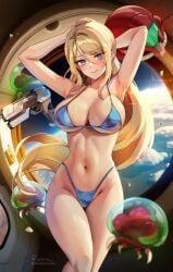 1girls adapted_costume bikini blonde blonde_hair blue_bikini breasts cleavage female foxy_rain_(foxyreine) foxyrain_(foxyreine) foxyreine g-string hips huge_breasts light-skinned_female light_skin long_hair metroid metroid_(creature) nintendo samus_aran thick_thighs thighs thong_bikini very_long_hair wide_hips