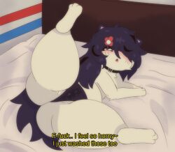 blush chara_(meloncholy) clothing dialogue emo english_text female feral feral_only fur generation_2_pokemon hi_res leaking_pussy meloncholy needy nintendo pokemon pokemon_(species) profanity quilava solo spread_legs spreading text underwear wet wet_clothing wet_underwear