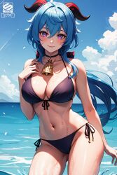 1girls ahoge ai_generated alternate_costume bare_arms bare_shoulders bell bikini black_bikini black_choker blue_hair breasts choker cleavage closed_mouth cloud collarbone cowbell day female female_only front-tie_bikini_top front-tie_top ganyu_(genshin_impact) genshin_impact goat_horns halterneck hand_up heart heart-shaped_pupils holding horns large_breasts long_hair looking_at_viewer medium_breasts navel petals purple_eyes setsuaiart side-tie_bikini_bottom smile solo stomach string_bikini swimsuit symbol-shaped_pupils thighs wading water wet