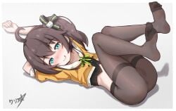 :q ahoge anus aqua_eyes ass black_camisole black_pantyhose blush boppin brown_hair camisole cat_hair_ornament cleft_of_venus closed_mouth commentary crop_top cropped_jacket crossed_bangs feet female green_ribbons hair_between_eyes hair_ornament hair_ribbon highres hololive hololive_gen_1 hololive_japan jacket legs legs_up looking_at_viewer lying medium_hair natsuiro_matsuri neck_ribbon no_panties no_pants no_shoes nose_blush on_back orange_jacket pantyhose pinstripe_camisole pinstripe_pattern pussy ribbon see-through short_sleeves side_ponytail soles solo striped thighband_pantyhose toes tongue tongue_out virtual_youtuber