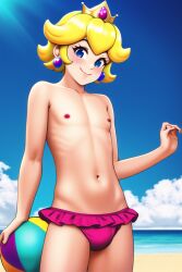 1boy ai_generated ai_hands belly_button blonde_hair bulge bulge_through_clothing crown earrings femboy femboy_prince genderswap_(ftm) male male_only mario_(series) nipples novelai prince prince_apricot princess_peach rule_63 shirtless solo solo_male swim_briefs swimsuit topless unknown_artist