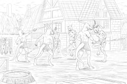 anthro balls barrel canid canine canis civilian cottage crate dipingxiangtr.d dragon erection felid feline genitals group kobold lagomorph leopard_cat leporid male male_on_male mammal medieval nude pained_expression penis prionailurus rabbit village whip_mark whipping wolf