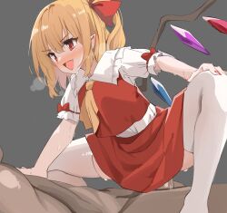 1boy :d ascot blonde_hair blush bow commentary_request cowgirl_position crystal dark-skinned_male dark_skin fang female flandre_scarlet hairbow highres interracial kamukamu_(ars) no_headwear pointy_ears red_bow red_eyes red_skirt short_hair short_sleeves side_ponytail skirt smile solo_focus squatting_cowgirl_position sweat thighhighs touhou white_thighhighs wings yellow_ascot