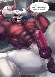 1boy abs angry ass ass biceps black_eyes bottomwear bound bulge chained chains clothing demon dialogue english_text f1shsticker gay hands_tied helltaker hi_res horn horns humanoid male male_only mask muscular muscular_humanoid muscular_male pants partially_clothed pecs red_body ripped_clothing ripped_pants solo solo_focus subject_67_(helltaker) tail text