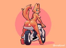 anthro ass breasts canid canine diane_foxington digital_media_(artwork) dreamworks female fox fur genitals green_eyes looking_at_viewer looking_back mammal markings motorcycle nipples nude orange_body orange_fur pixel_(artwork) presenting pussy raised_tail side_boob simple_background snaif solo tail the_bad_guys vehicle