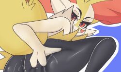 anthro ass bodily_fluids braixen canid canine female fluffy fluffy_tail fur generation_6_pokemon hi_res looking_at_viewer mammal nintendo pokemon pokemon_(species) sh1vss solo sweat tail yellow_body yellow_fur