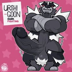 -male_only absurd_res anthro balls black_body bottomwear bottomwear_down clothed clothing crossed_arms digital_media_(artwork) english_text erection fakemon fur fusion generation_8_pokemon genitals hi_res humanoid humanoid_genitalia humanoid_penis hybrid legendary_pokemon looking_at_viewer male male_only mammal muscular muscular_male nintendo obstagoon pants pants_down partially_clothed penis pokemon pokemon_(species) pokemon_fusion simple_background single_strike_style_urshifu solo standing text ursa-m1nor urshifu