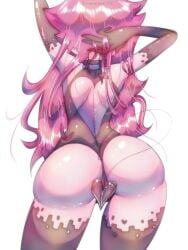 1girls ass back_view bodysuit bubble_butt friday_night_funkin gloves monpopo358 pink_hair sarvente sarvente_(dokki.doodlez) sarvente_(friday_night_funkin) solo succubus tagme tail thighhighs white_background