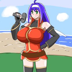 1girls ahoge armpits bare_thighs breasts detached_sleeves female female_only fingerless_gloves fire_emblem fire_emblem:_path_of_radiance fire_emblem:_radiant_dawn gloves green_eyes huge_breasts long_sleeves looking_at_viewer mia_(fire_emblem) nintendo ocean okawari_muryou outdoors purple_hair smile solo sword tawarana_tawawa thighhighs thighs water weapon