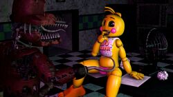 2023 3d 3d_(artwork) animatronic avian bird canid canine checkered_floor chicken digital_media_(artwork) duo female finger_in_mouth fingers five_nights_at_freddy's five_nights_at_freddy's_2 five_nights_at_freddy's_4 fox foxofnightmares foxy_(fnaf) furniture galliform gallus_(genus) genitals hi_res hook_hand humanoid hypersstash6000 machine male male/female mammal metal_tongue nightmare_foxy on_table penis phasianid pirate plastic pose red_body robot scottgames security table teeth tongue tongue_out toy_chica toy_chica_(fnaf) white_eyes yellow_body