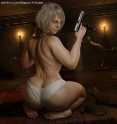 1girls 3d ashley_graham ashley_graham_(ella_freya) ass ass_cleavage barefoot big_ass blonde_hair bubble_butt butt_crack butt_squish clothing cursedmadara dat_ass fat_ass feet female female_focus female_only firearm handgun hourglass_figure human kneeling large_ass pale_skin panties pinup pinup_pose plump pose posing rear_view resident_evil resident_evil_4 resident_evil_4_remake scar soles tagme thick_thighs thighs toes topless trigger_discipline weapon