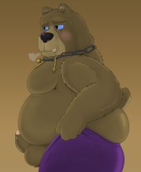 2023 absurd_res alternate_version_at_source anthro ass baby_bear balls bear belly big_belly biped black_nose bottomwear bottomwear_pull brown_balls brown_body brown_fur brown_inner_ear_fluff brown_penis clothing clothing_pull clothing_too_small digital_media_(artwork) dreamworks erection fathyhell fur genitals hi_res humanoid humanoid_genitalia humanoid_penis inner_ear_fluff looking_down male mammal meme meme_clothing moobs mouth_closed obese obese_male overweight overweight_anthro overweight_male pants pants_pull penis pulling_up_pants purple_bottomwear purple_clothing purple_pants puss_in_boots_(dreamworks) puss_in_boots_the_last_wish side_view simple_background solo tight_pants_(meme) tuft