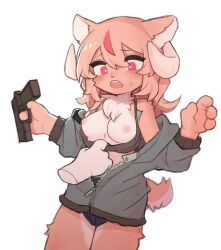 anthro blush breasts clothing crayon_(artist) disembodied_hand exposed_breasts female gun handgun horn nipples panties pistol ranged_weapon red_eyes shirt solo surprised_expression tank_top tank_top_pull topwear underwear weapon