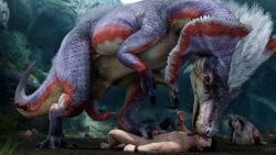 16:9 2023 3d_(artwork) 4k absurd_res animal_genitalia animal_penis back_tuft bird_wyvern capcom cave claws closed_eyes detailed_background digital_media_(artwork) dinosaur dominant duo_focus erection face_lick female feral foot_fetish foot_on_crotch foot_on_penis foot_play footjob frill_(anatomy) fur gay genitals grass group hair half-closed_eyes head_crest head_frill head_tuft hi_res human human_on_feral humanoid_genitalia humanoid_penis interspecies ivorylagiacrus jaggi larger_feral larger_male licking looking_at_another looking_down lying male male/male male_on_feral male_only mammal membrane_(anatomy) membranous_frill monster_hunter multicolored_body multicolored_scales narrowed_eyes neck_lick nude on_back on_ground open_mouth outside penis pinned pinned_to_ground plant pubic_boot pupils purple_body purple_scales red_body red_eyes red_scales reptile scales scalie sex sharp_claws size_difference slit_pupils smaller_human smaller_male spiked_tail spikes spikes_(anatomy) stepped_on tail theropod tongue tongue_out tuft white_body white_fur white_hair white_scales widescreen wrinkles wristband zoophilia