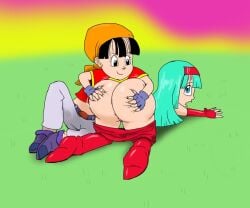 2021 2girls 5_fingers ass ass_dough ass_grab ass_squeeze bandana big_ass black_eyes black_hair blue_eyes blue_hair bra_(dragon_ball) bra_briefs cute dragon_ball dragon_ball_gt face_down_ass_up female female_only fingerless_gloves gloves godalmite grass green_hair groping groping_ass hands_on_ass multiple_girls no_panties pan_(dragon_ball) pants_down pillowy_ass tagme top-down_bottom-up yuri