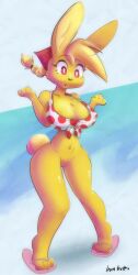 bandana big_breasts breasts bun_butts clothed clothing female fur genitals hair headgear headwear hi_res kerchief lagomorph leporid mammal nude partially_clothed ponytail rabbit solo thick_thighs toony wide_hips yellow_body yellow_fur