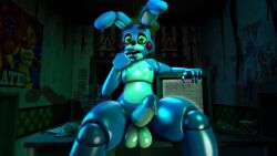 2023 3d_(artwork) animatronic anonymousfm anthro balls blue_body blue_nipples bodily_fluids cum digital_media_(artwork) five_nights_at_freddy's five_nights_at_freddy's_2 furniture genital_fluids genitals girly green_eyes hi_res humanoid_genitalia lagomorph leaking_cum leporid machine male male_only mammal nipples penis rabbit robot scott_cawthon scottgames sitting_on_table solo table thick_thighs toy_bonnie_(fnaf)