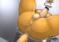 anthro balls censored censored_genitalia fur gay genitals hi_res hole_in_wall identification inside kayashima_soru lying male nude on_back orange_body orange_fur penis photo public_use solahr solo spread_legs spreading tail through_wall vein veiny_penis