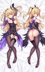 ass ass_grab bed_sheet black_bodysuit black_sleeves blonde_hair bodysuit breasts breasts_out bridal_gauntlets censored dakimakura_(medium) detached_sleeves eyepatch female fischl_(genshin_impact) from_above full_body garter_straps genshin_impact grabbing_own_ass green_eyes heart heart_censor highres long_hair long_sleeves looking_at_viewer looking_back lying medium_breasts nipples on_back on_stomach pussy royalrain single_thighhigh solo thighhighs very_long_hair