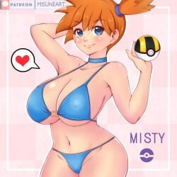 1girls absurdres alternate_breast_size asymmetrical_hair bikini blue_eyes blush breasts cleavage creatures_(company) curvy female female_only game_freak heart highres huge_breasts human kasumi_(pokemon) large_breasts midriff misune_art navel nintendo orange_hair poke_ball pokemon pokemon_(game) pokemon_rgby ponytail short_hair shorts side_ponytail solo swimsuit tied_hair