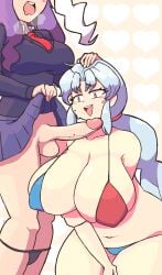 1futa 1girls animal_ears balls big_penis bikini blush bottomless braided_ponytail breasts breath cleavage clothed clothing duo eirin_yagokoro erection female futa_on_female futanari gigantic_breasts grey_hair hand_on_another's_head huge_breasts human humanoid humanoid_penis imminent_fellatio imminent_oral kemonomimi light-skinned_futanari light_skin long_hair micro_bikini mole mole_on_penis mostly_clothed mostly_nude navel open_mouth panties_down panty_pull penis ponytail purple_hair quarium rabbit_ears rabbit_girl reisen_udongein_inaba skirt skirt_lift standing sweat testicles touhou uncensored yellow_eyes