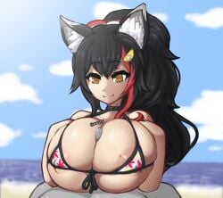 animal_humanoid areola areola_slip beach big_breasts bikini black_hair breast_play breasts breasts_bigger_than_head cleavage clothed clothing commentary_request female genitals hair hi_res hololive hololive_gamers hololive_japan huge_breasts humanoid male male/female ookami_mio paizuri penis seaside sex swimwear titjob virtual_youtuber vtuber xelsword