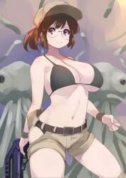 1girls 2monsters alien belt big_breasts bikini bikini_top breasts brown_eyes brown_hair clenched_teeth female fio_germi glasses gun hat imminent_rape imminent_tentacle_rape large_breasts looking_at_viewer mars_people metal_slug monster navel nervous ponytail short_shorts shorts sweatdrop tentacle themanyoukilled weapon