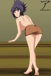 1girls arekusanderu arm_support bare_back bare_legs barefoot barely_clothed big_breasts bottomwear breasts crossed_legs feet female female_only from_behind full_body looking_at_viewer looking_back mitarashi_anko naruto naruto_(series) naruto_shippuden no_bra panties pinup ponytail presenting presenting_ass purple_hair sideboob skirt smile solo solo_focus tied_hair topless underwear voluptuous