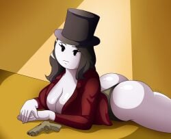 ass big_breasts breasts carol_cross cleavage female firearm gun handgun henry_stickmin_(game) jacket looking_at_viewer lying_on_floor lying_on_stomach mob_face nobytes_(artist) open_jacket pistol solo stickman thick_thighs top_hat tophat