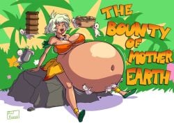 1girls axel-rosered belly big_belly big_breasts bloated bloated_belly breasts cleavage dark-skinned_female dark_skin feeding female food jungle_de_ikou large_breasts mii_(jungle_de_ikou) short_hair stuffed_belly stuffing text